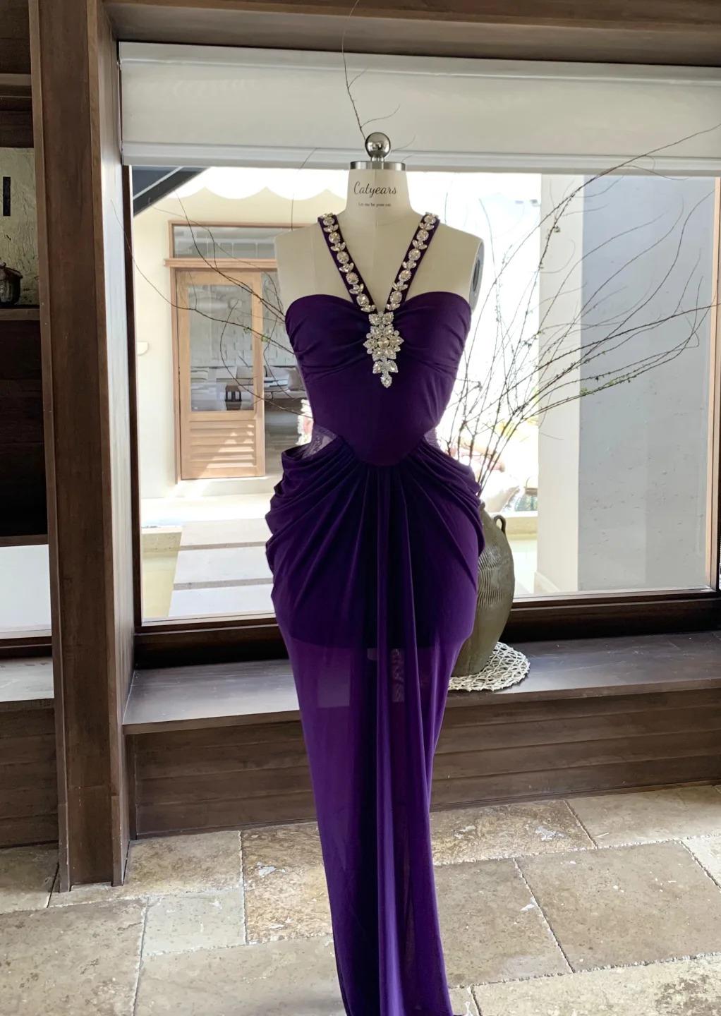 Gorgeous Blue V-neck Chiffon Bodycon Party Dresses Elegant Rhinestone Evening Dresses ED02032