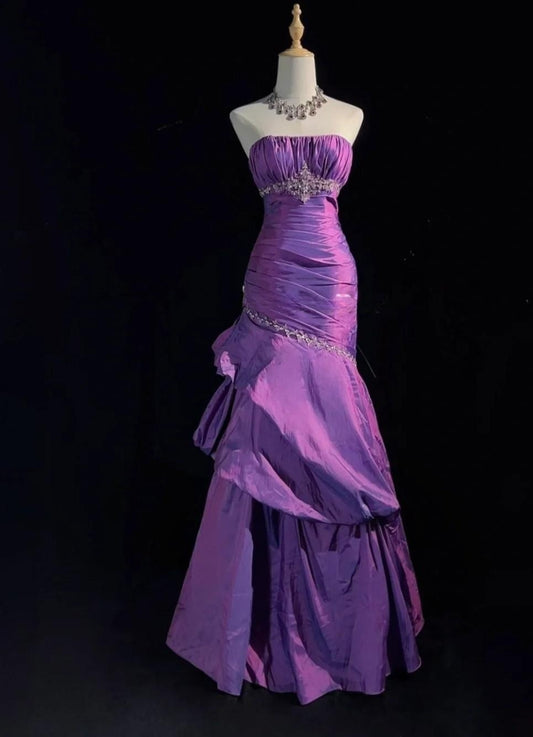 Glam Purple Strapless Mermaid Taffeta Long Prom Dresses Elegant Formal Evening Dresses with Beading ED02033