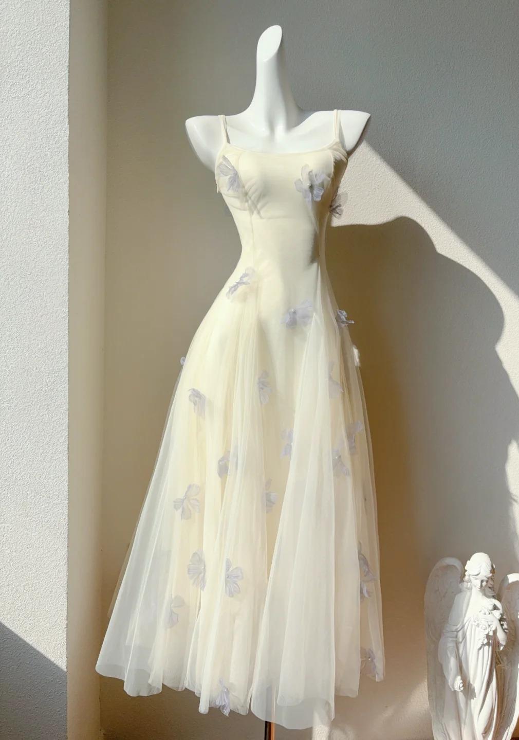 Fairytale Spaghetti Straps Cream A-Line White Square Neck Tulle Birthday Dresses Cute Party Dresses Homecoming Dress ED02034