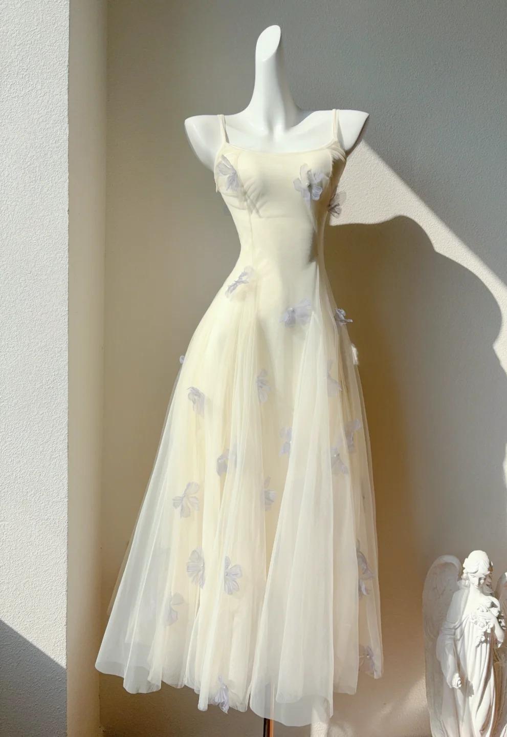 Fairytale Spaghetti Straps Cream A-Line White Square Neck Tulle Birthday Dresses Cute Party Dresses Homecoming Dress ED02034