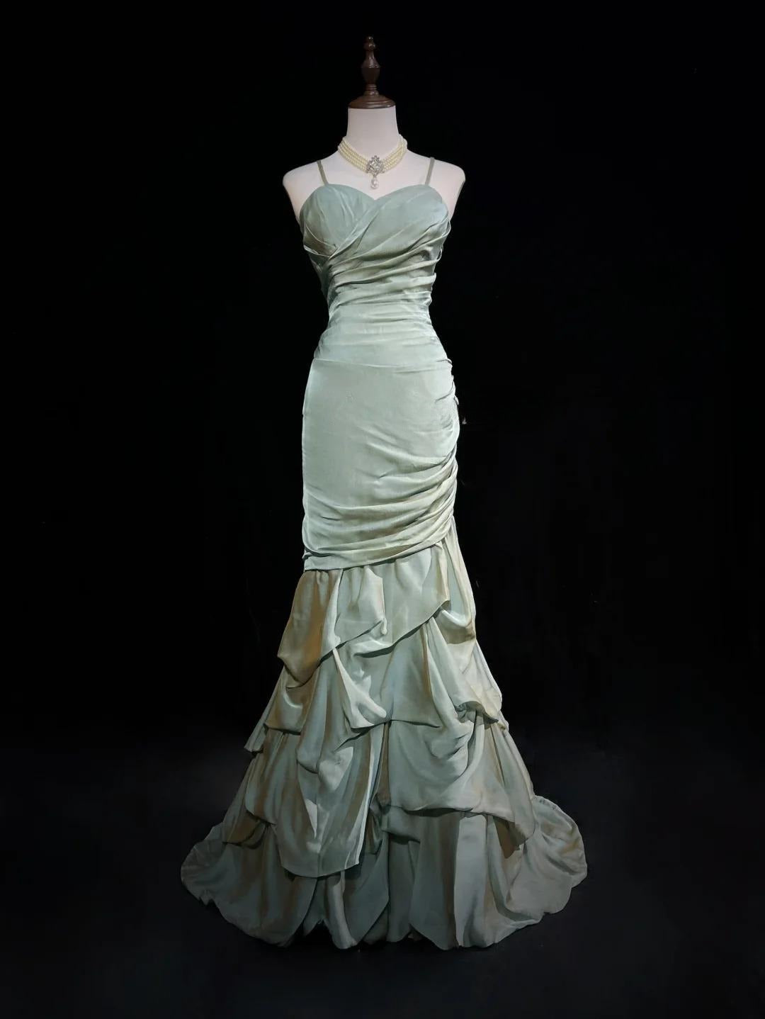 Forest Green Spaghetti Straps Mermaid Satin Long Prom Dresses Sweet 16 Formal Evening Dresses ED02036