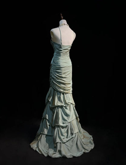 Forest Green Spaghetti Straps Mermaid Satin Long Prom Dresses Sweet 16 Formal Evening Dresses ED02036