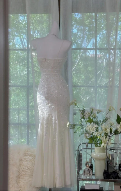 Vintage Gothic White Mermaid Chiffon Spaghetti Straps Party Dresses Elegant Shiny Beaded Evening Dresses ED02037