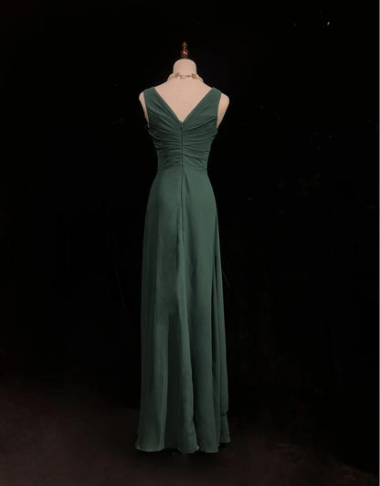 Simple Dark Green V-neck Chiffon A-Line Bridesmaids Dress, Elegant Evening Dress ED02038