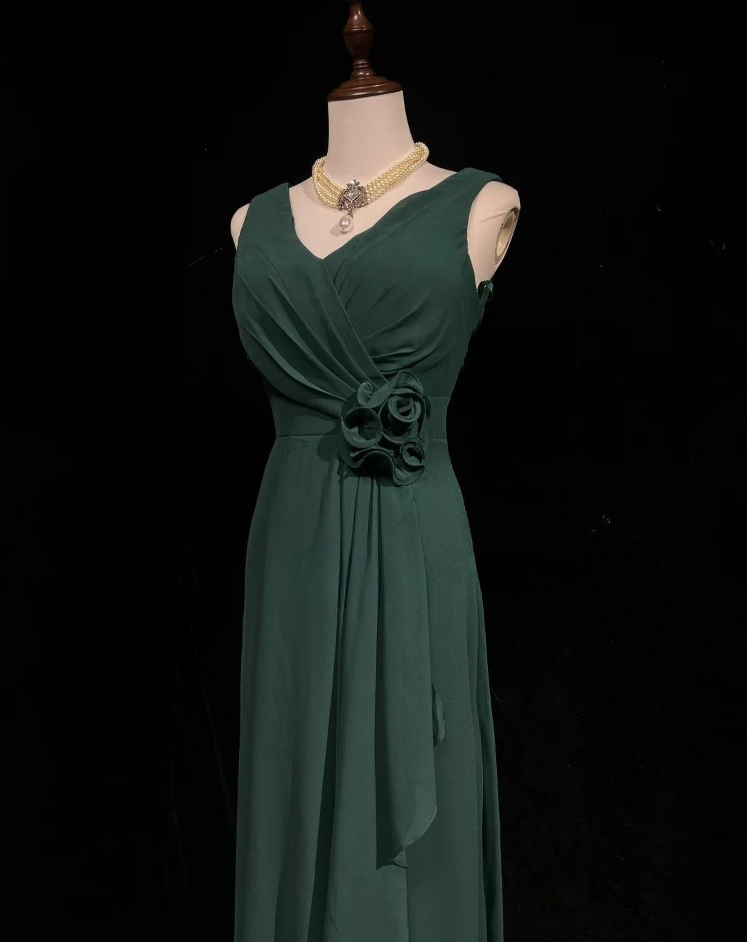 Simple Dark Green V-neck Chiffon A-Line Bridesmaids Dress, Elegant Evening Dress ED02038