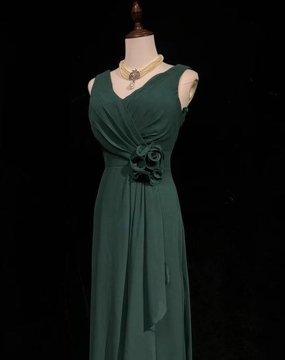 Simple Dark Green V-neck Chiffon A-Line Bridesmaids Dress, Elegant Evening Dress ED02038