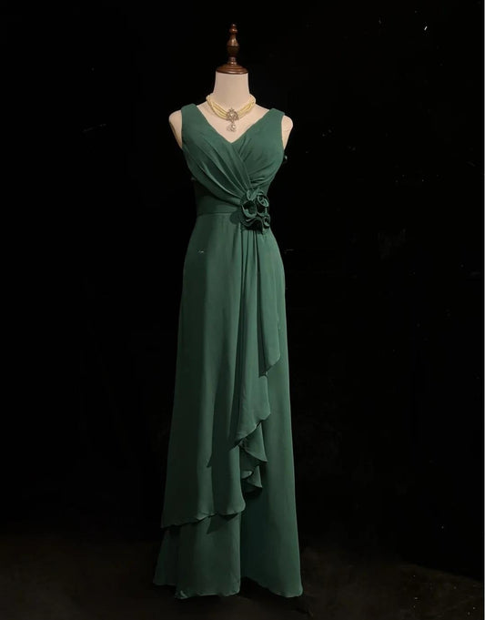 Simple Dark Green V-neck Chiffon A-Line Bridesmaids Dress, Elegant Evening Dress ED02038