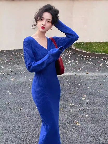 French retro Klein blue V neck hip-wrapped knitted dress ED0203