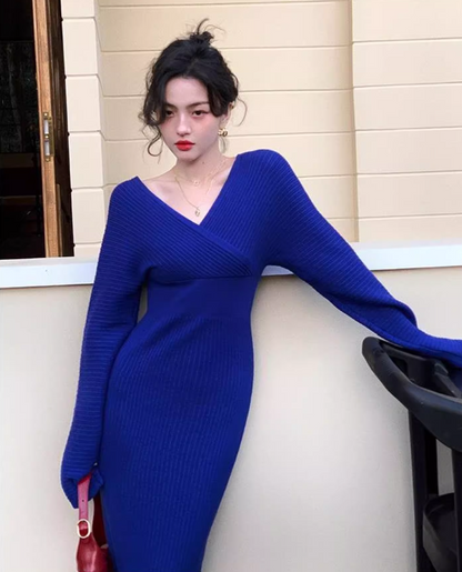 French retro Klein blue V neck hip-wrapped knitted dress ED0203