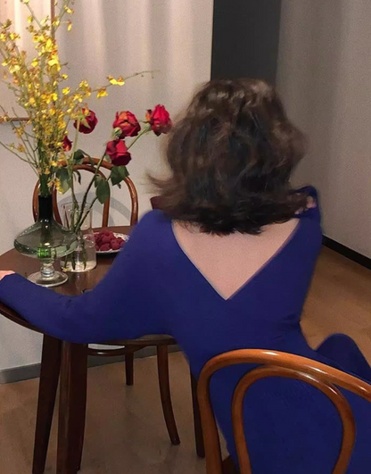 French retro Klein blue V neck hip-wrapped knitted dress ED0203