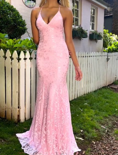 Sweet Pink Spaghetti Strap Mermaid Deep V Neck Tulle Applique Wedding Dress Backless Evening Dress ED02041