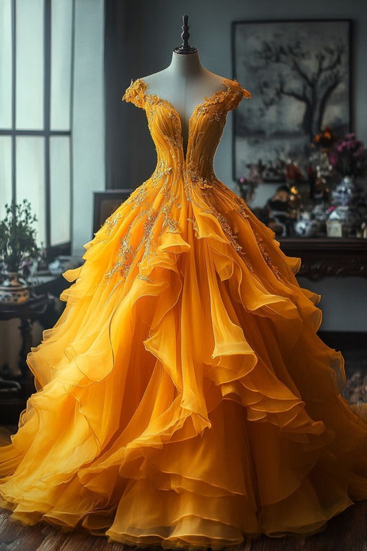 Gorgeous Yellow Deep V Neck Tulle A-Line Long Prom Dresses  Unique Wedding Dress ED02042