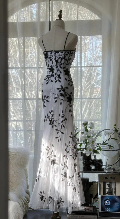 Vintage Elegant Spaghetti Straps Mermaid Applique Chiffon Evening Dress Party Dress ED02044