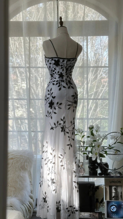 Vintage Elegant Spaghetti Straps Mermaid Applique Chiffon Evening Dress Party Dress ED02044