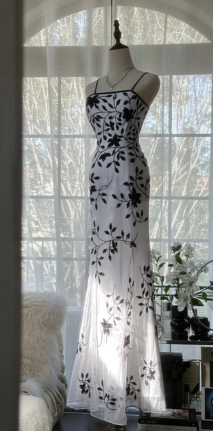 Vintage Elegant Spaghetti Straps Mermaid Applique Chiffon Evening Dress Party Dress ED02044