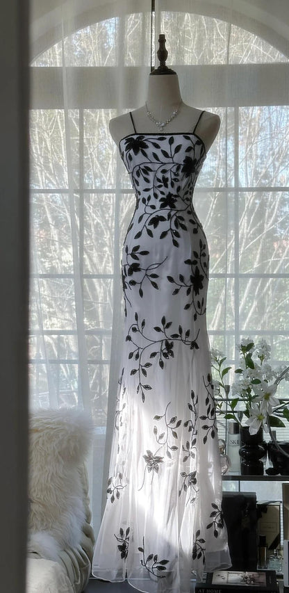 Vintage Elegant Spaghetti Straps Mermaid Applique Chiffon Evening Dress Party Dress ED02044