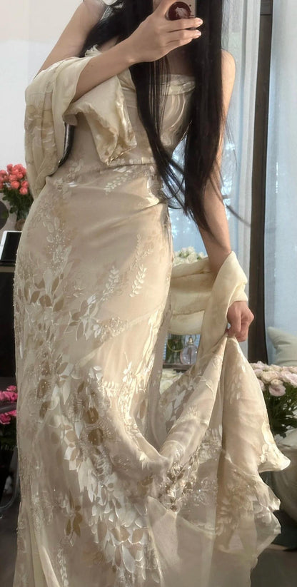 Vintage Apricot Spaghetti Strap Printed Chiffon Long Party Dress Elegant Evening Dress with Shawl ED02046