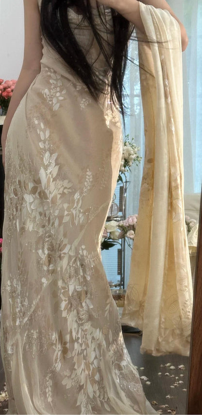 Vintage Apricot Spaghetti Strap Printed Chiffon Long Party Dress Elegant Evening Dress with Shawl ED02046