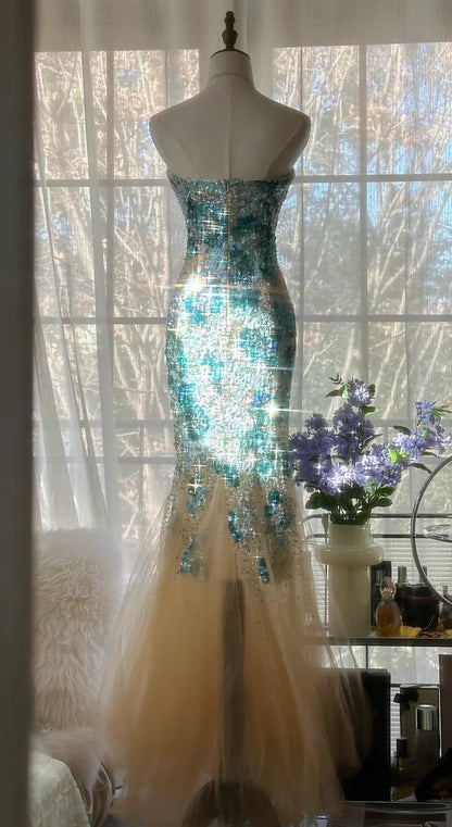 Elegant Blue Sweetheart Mermaid Tulle Evening Dresses Gorgeous Beaded Long Prom Dresses ED02047