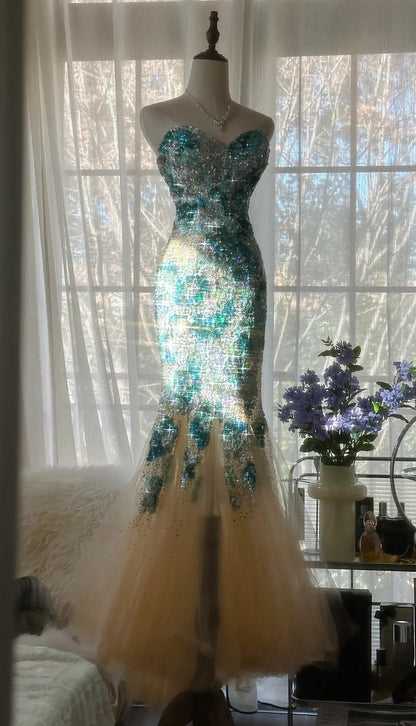 Elegant Blue Sweetheart Mermaid Tulle Evening Dresses Gorgeous Beaded Long Prom Dresses ED02047