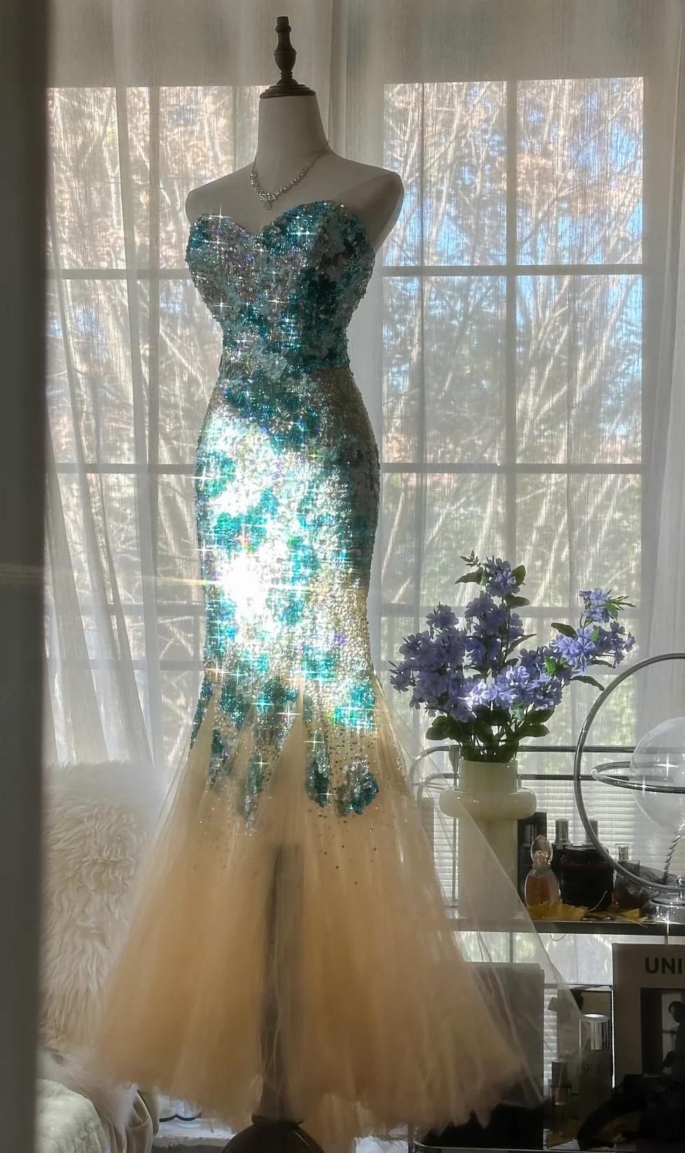 Elegant Blue Sweetheart Mermaid Tulle Evening Dresses Gorgeous Beaded Long Prom Dresses ED02047