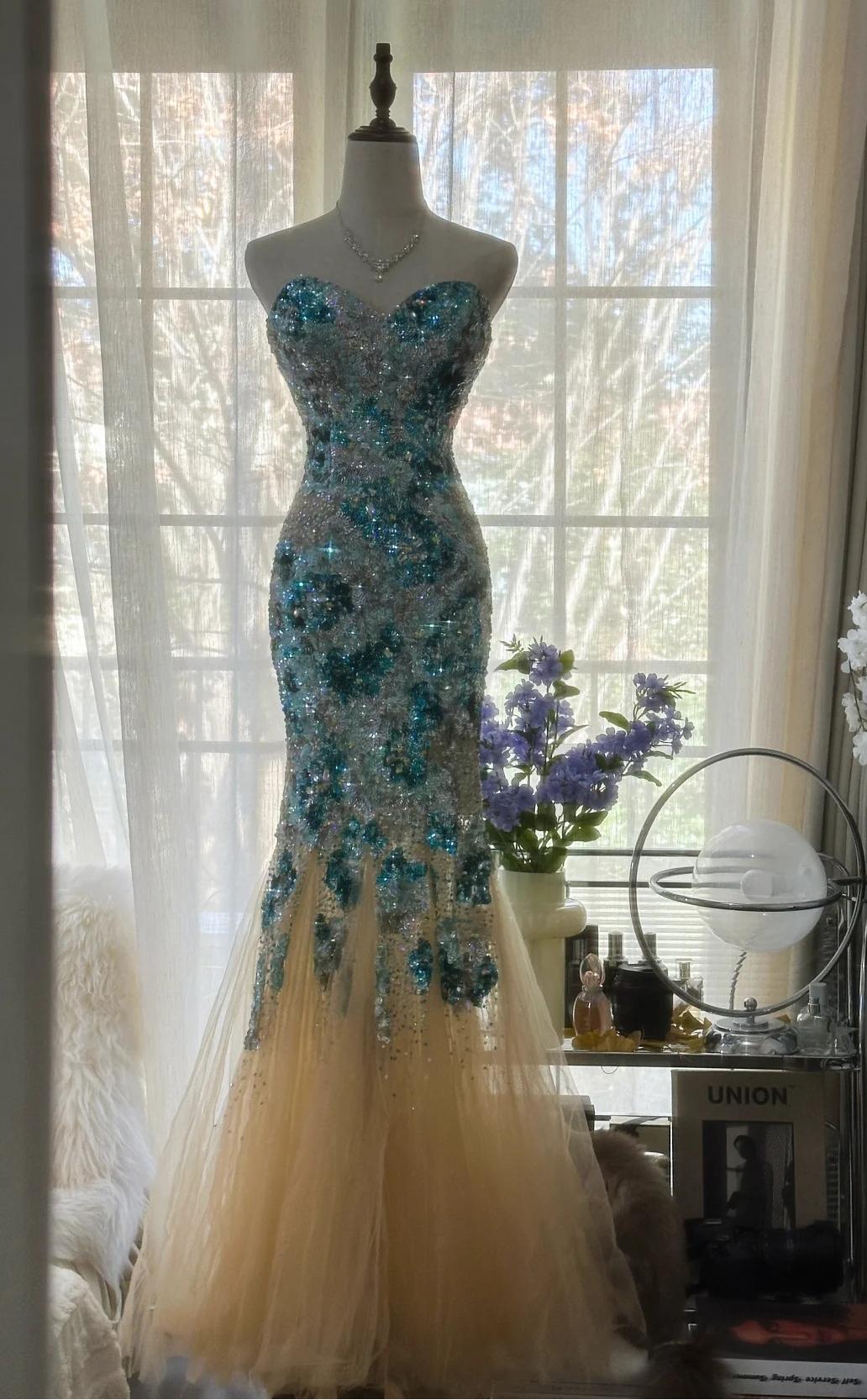 Elegant Blue Sweetheart Mermaid Tulle Evening Dresses Gorgeous Beaded Long Prom Dresses ED02047