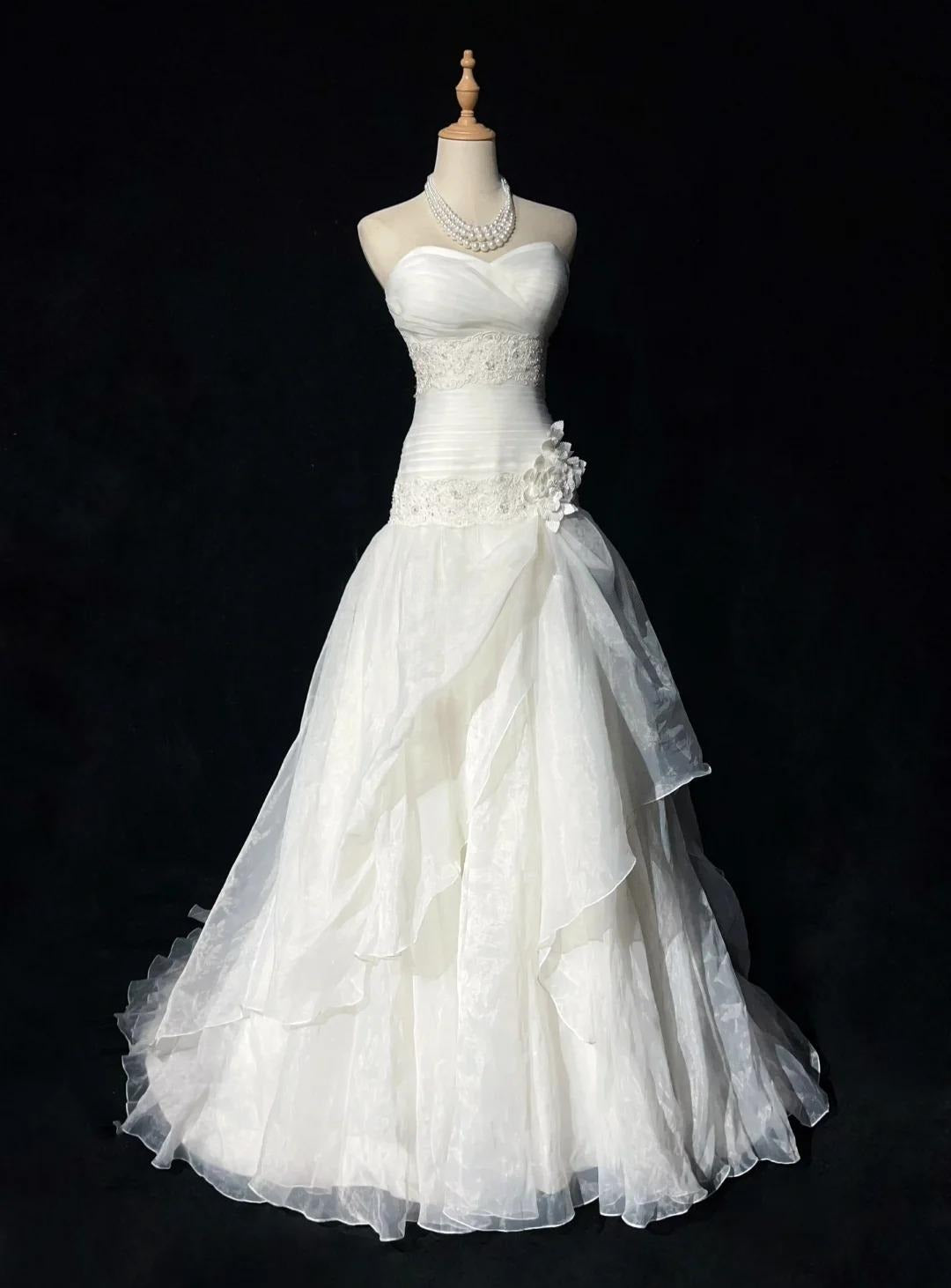 Glam White Strapless A-Line Tulle Lace Applique Wedding Dresses Long Prom Dresses ED02049