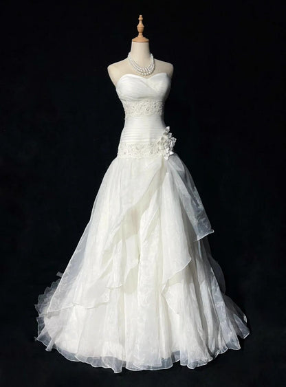 Glam White Strapless A-Line Tulle Lace Applique Wedding Dresses Long Prom Dresses ED02049