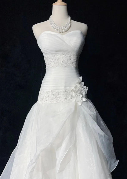 Glam White Strapless A-Line Tulle Lace Applique Wedding Dresses Long Prom Dresses ED02049