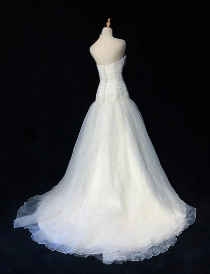 Glam White Strapless A-Line Tulle Lace Applique Wedding Dresses Long Prom Dresses ED02049
