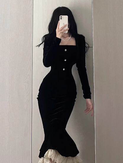 French retro velvet square neck slim fishtail skirt ED0204