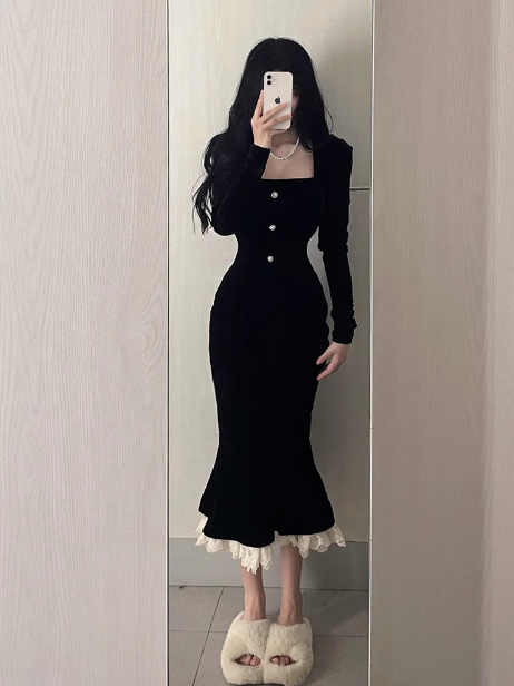 French retro velvet square neck slim fishtail skirt ED0204