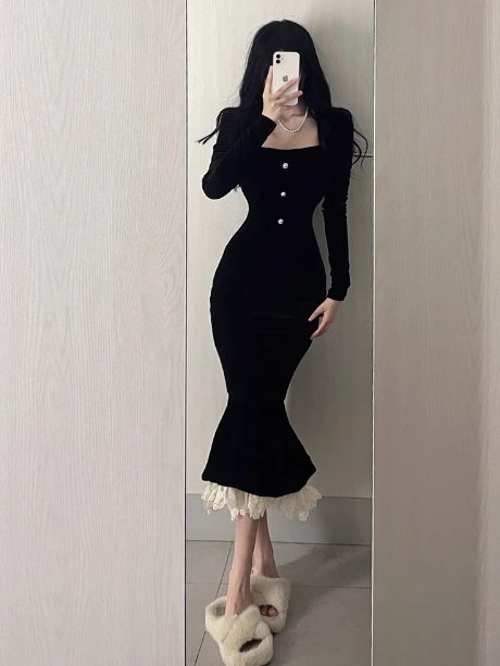 French retro velvet square neck slim fishtail skirt ED0204