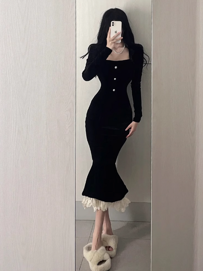 French retro velvet square neck slim fishtail skirt ED0204