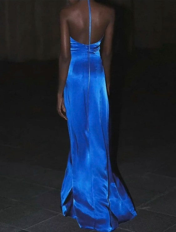 Elegant Royal Blue V-neck Sheath Evening Dress Sexy Backless Satin Long Prom Dresses with Slits  ED02052