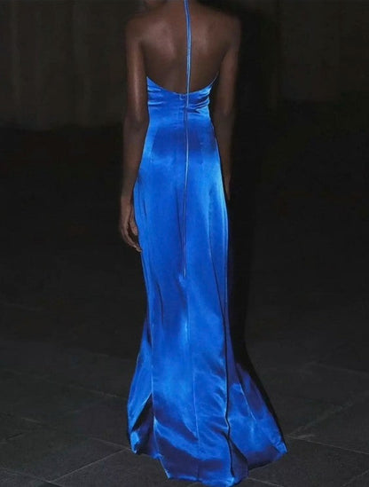 Elegant Royal Blue V-neck Sheath Evening Dress Sexy Backless Satin Long Prom Dresses with Slits  ED02052