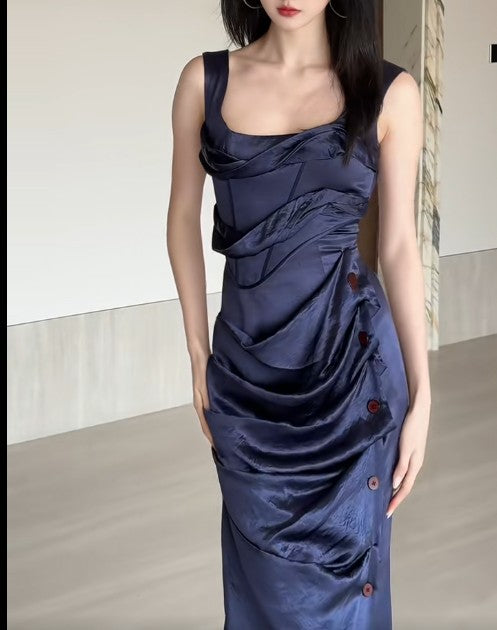 Glam Navy Blue Square Neck Satin Pleated Party Dress Cocktail Dress  ED02053