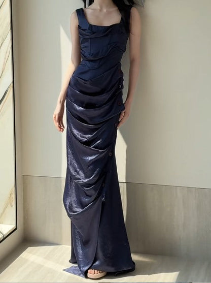 Glam Navy Blue Square Neck Satin Pleated Party Dress Cocktail Dress  ED02053