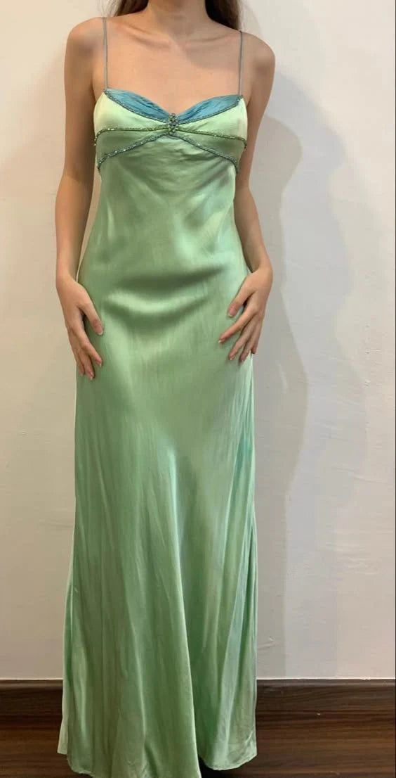 Fairytale Spaghetti Strap Green Satin Sheath Evening Dresses Gothic Prom Dresses ED02054