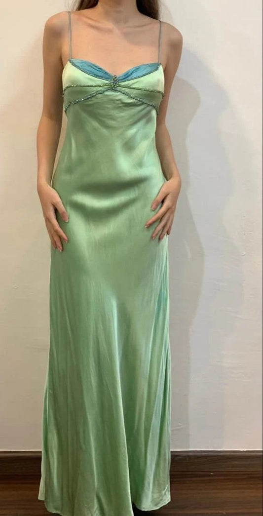 Fairytale Spaghetti Strap Green Satin Sheath Evening Dresses Gothic Prom Dresses ED02054