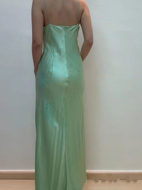 Fairytale Spaghetti Strap Green Satin Sheath Evening Dresses Gothic Prom Dresses ED02054