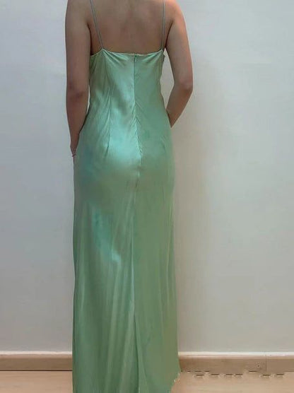 Fairytale Spaghetti Strap Green Satin Sheath Evening Dresses Gothic Prom Dresses ED02054