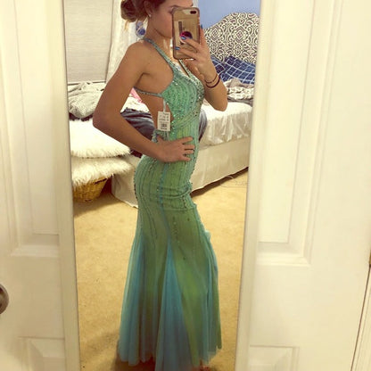 Shiny Beaded Tulle Mermaid Backless Evening Dress Gorgeous Spaghetti Straps Green Long Prom Dresses ED02055