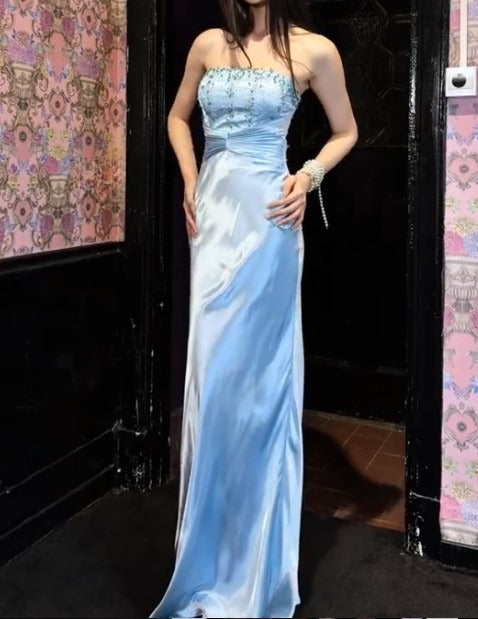 Vintage Ice Blue Satin Sheath Strapless Evening Dress Elegant Long Prom Dresses with Beading ED02056