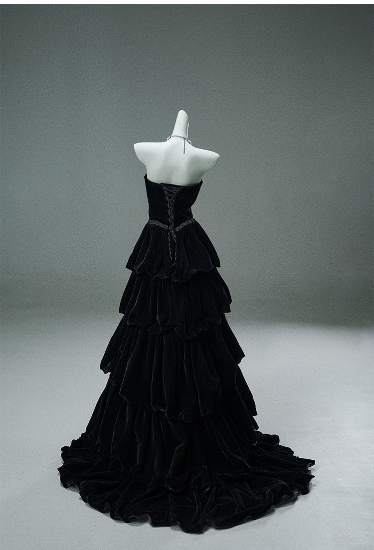 Elegant Black Strapless A-Line Velvet Layered Long Prom Dresses Formal Evening Dresses ED02057