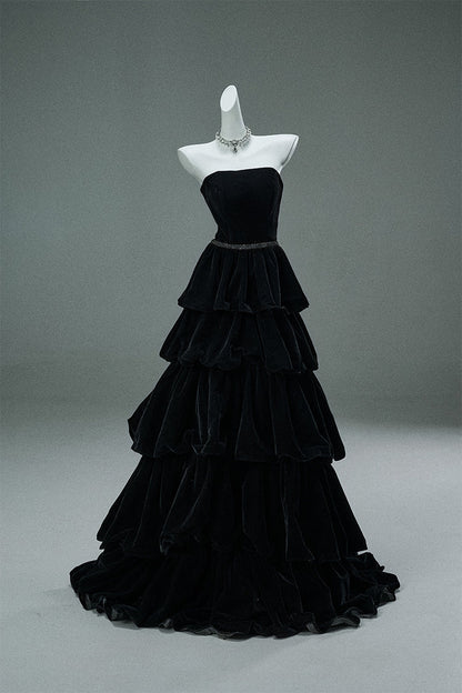 Elegant Black Strapless A-Line Velvet Layered Long Prom Dresses Formal Evening Dresses ED02057