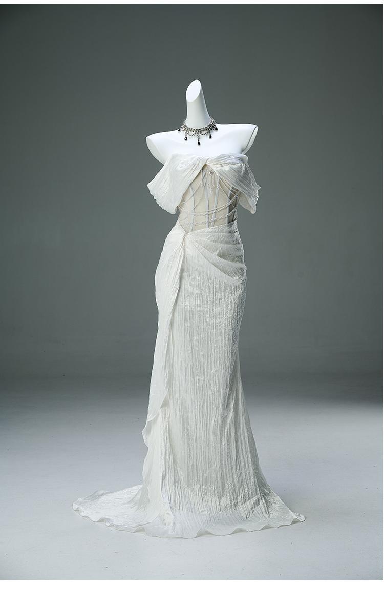 Glam White Taffeta Off-the-shoulder Mermaid Evening Dress Beaded Long Prom Dresses ED02058