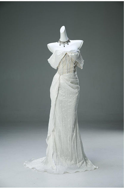 Glam White Taffeta Off-the-shoulder Mermaid Evening Dress Beaded Long Prom Dresses ED02058