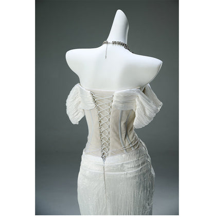 Glam White Taffeta Off-the-shoulder Mermaid Evening Dress Beaded Long Prom Dresses ED02058