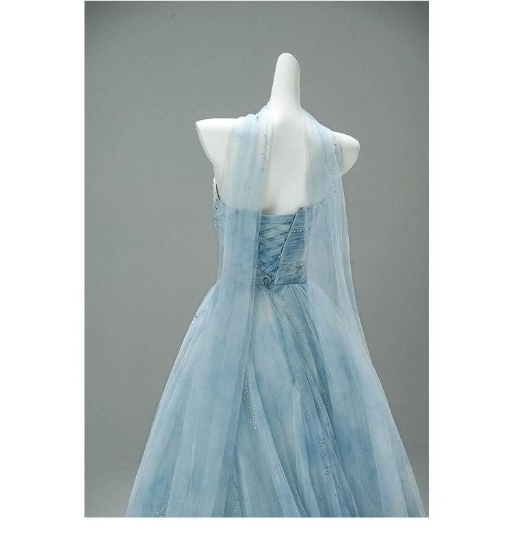 Gorgeous Strapless Blue A-Line Tulle Evening Dress Sparkling Beaded Long Prom Dresses ED02059